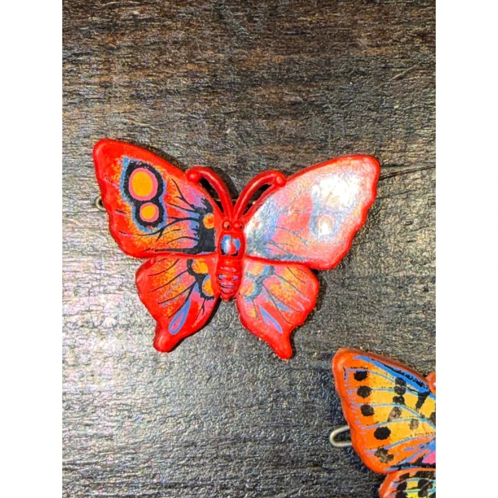 Vintage Butterfly Hair Clips Set‎ of 2 Orange Red Kids Plastic Barrettes